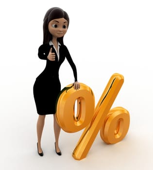 3d woman with golden percent symbol concept on white background, top angle view