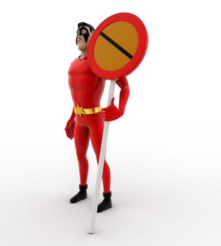 3d superhero  with no entry or stop sign concept on white background, side angle view
