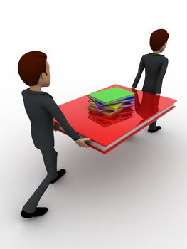 3d two men carry big book with small books concept on white background, back angle view