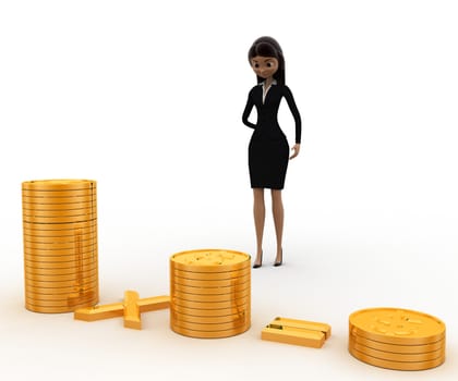 3d woman with pile of coins concept on white background, front angle view