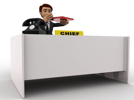 3d man checking paper on office table concept on white background, side angle view