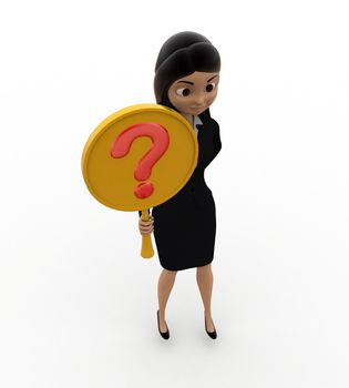 3d woman holding question mark symbol concept on white background, top angle view