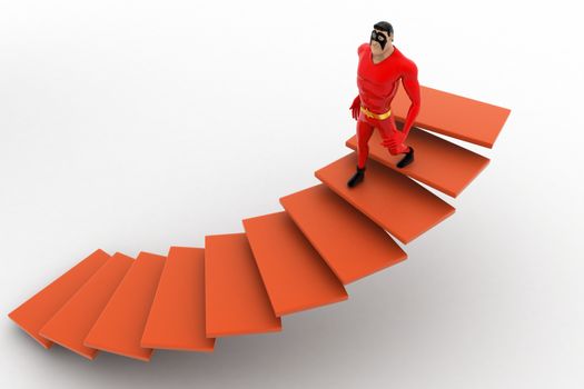 3d superhero  going down from stairs concept on white background, top angle view