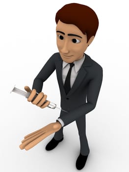 3d man giving injection to himself concept on white background, top angle view