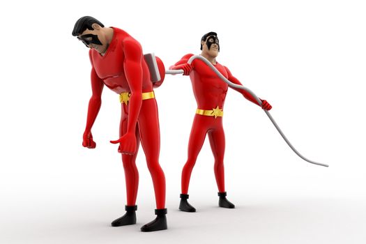 3d superhero  charge other superhero  with electric plug concept on white background, side  angle view