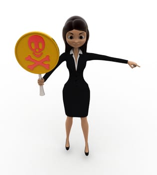 3d woman holding danger symbol in hand concept on white background, top angle view