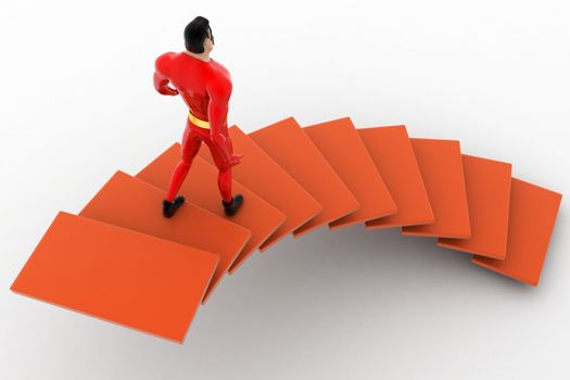 3d superhero  going down from stairs concept on white background, back angle view