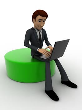 3d man working on laptop concept on white background, side angle view