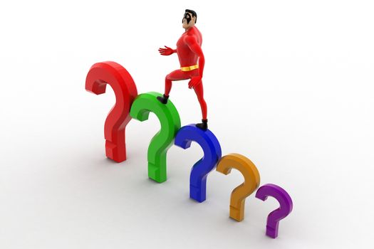 3d superhero  with stairs of question marks concept on white background, top angle view