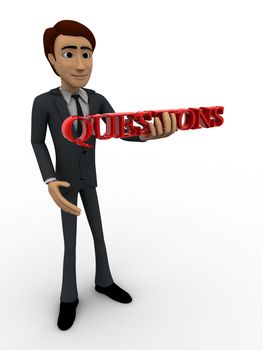 3d man holding questions text in hand concept on white background, side angle view