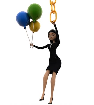 3d woman hanging on chain and holding balloons concept on white background, side angle view