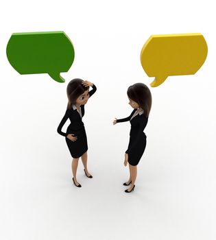 3d woman talking with chat bubble concept on white background, top angle view