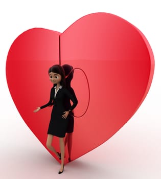 3d woman with connected heart concept on white background,  side angle view
