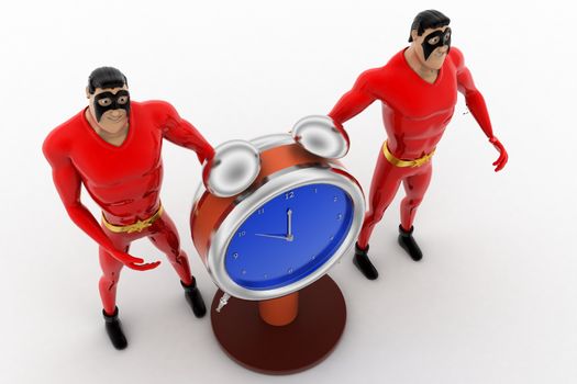 3d superhero  with stop watch concept on white background,  top angle view