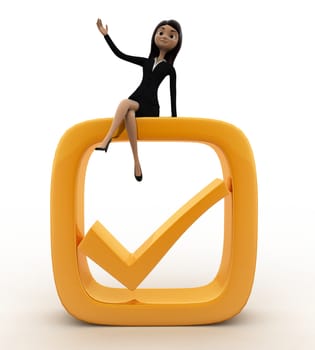 3d woman on check symbol concept on white background, front angle view