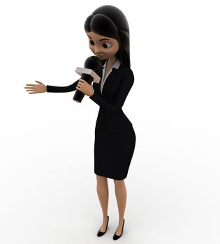 3d woman speaking in mic concept on white background, left  top angle view