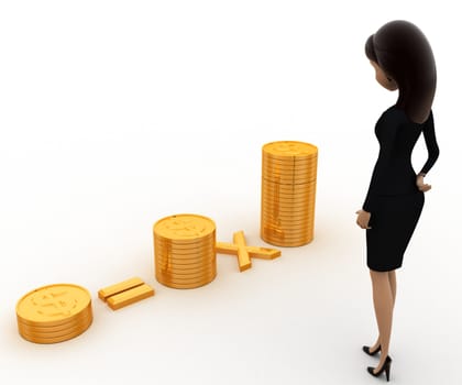 3d woman with pile of coins concept on white background, back ngle view