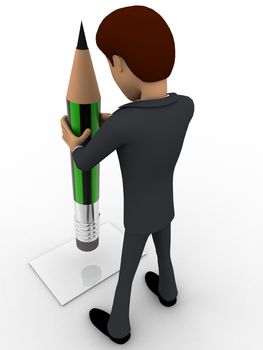 3d man holding green pencil concept on white background, back angle view