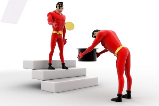 3d superhero  give coin to another superhero  in hat concept on white background, side angle view