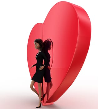 3d woman with connected heart concept on white background, low  angle view