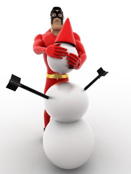 3d superhero  making snow man with snow concept on white background, front angle view