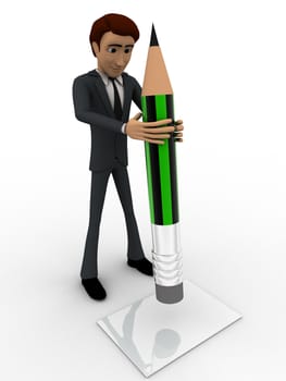3d man holding green pencil concept on white background,  front angle view