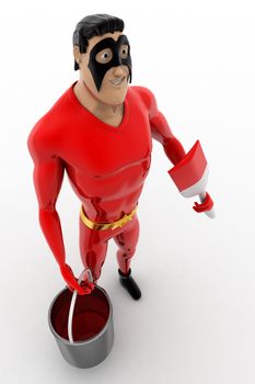 3d superhero  with paint bucket and brush concept on white background, top angle view