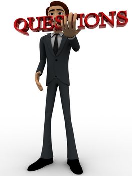 3d man holding questions text in hand concept on white background, low angle view