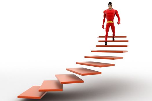 3d superhero  going down from stairs concept on white background, front angle view