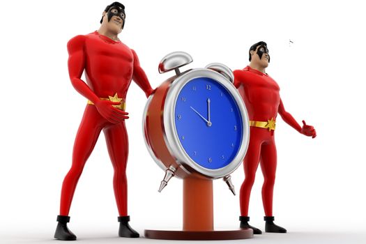 3d superhero  with stop watch concept on white background,  side angle view