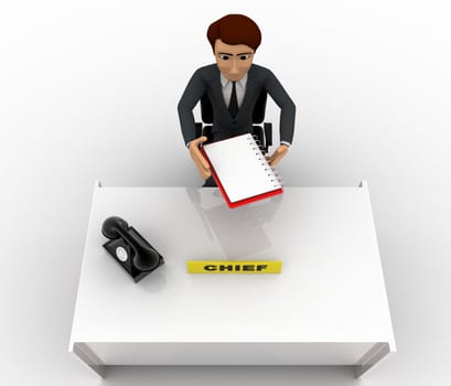 3d man checking paper on office table concept on white background, top angle view