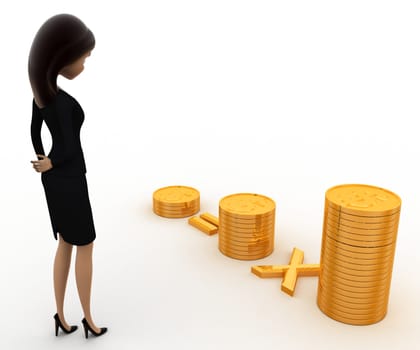 3d woman with pile of coins concept on white background, side  angle view