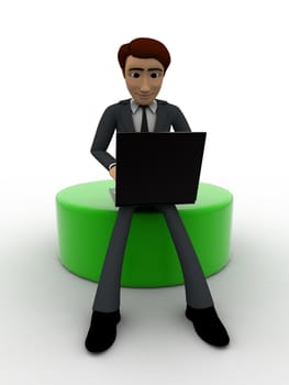 3d man working on laptop concept on white background, front angle view