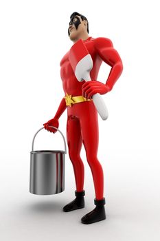 3d superhero  with paint bucket and brush concept on white background, side angle view