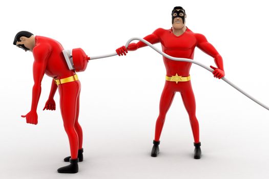 3d superhero  charge other superhero  with electric plug concept on white background, front angle view