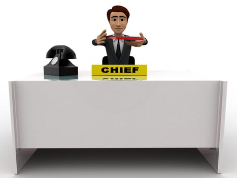 3d man checking paper on office table concept on white background, front angle view