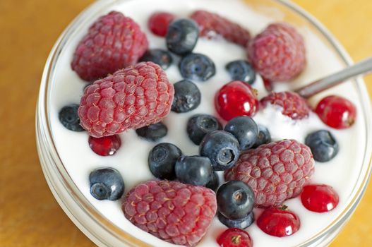 Delicious dessert made of yoghurt and ripe berries (raspberry, red currant and blueberry)