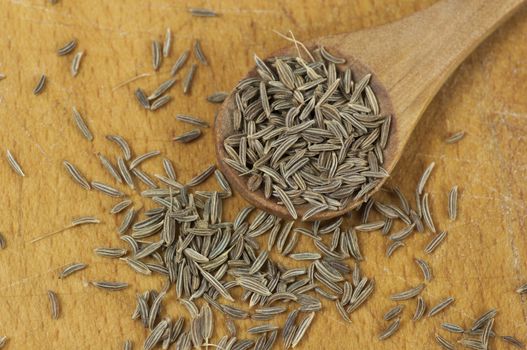 Caraway (Carum carvi) seeds close up on cutting board