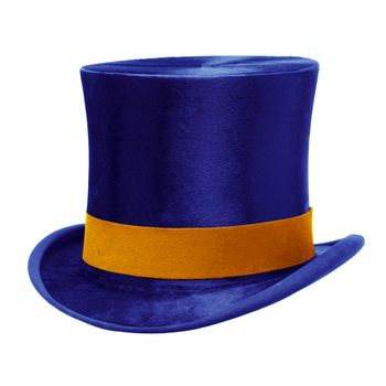 Blue top hat with gold band, isolated against white background