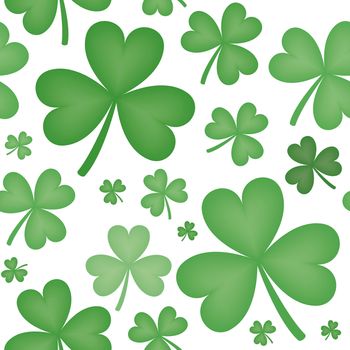 Seamless pattern of green shamrock shapes of varying sizes with white background