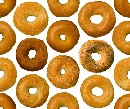 A variety of different types of bagels, seamlessly tileable