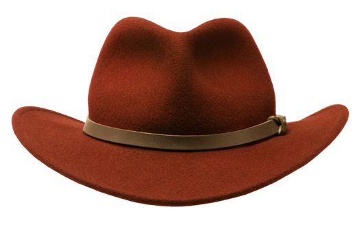 Red felt Adirondack-style hat isolated against a white background
