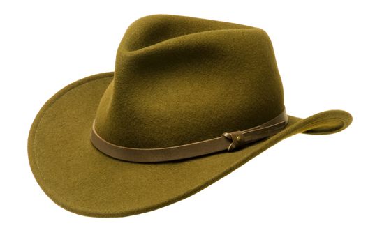 Green Adirondack hat with wide felt brim, isolated against white