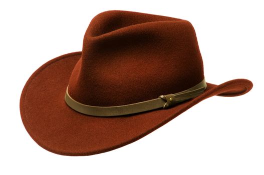 Reddish brown Adirondack hat with wide felt brim, isolated against white