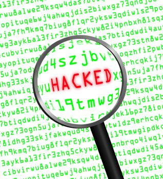 The red word "HACKED" revealed revealed in green computer machine code through a magnifying glass. White background. 