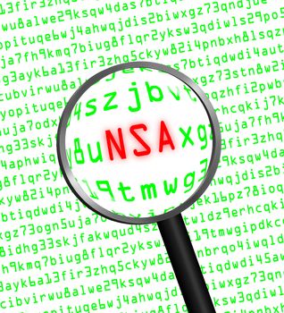 "NSA" in red letter revealed in green computer machine code through a magnifying glass. White background. NSA stands for the National Security Agency.