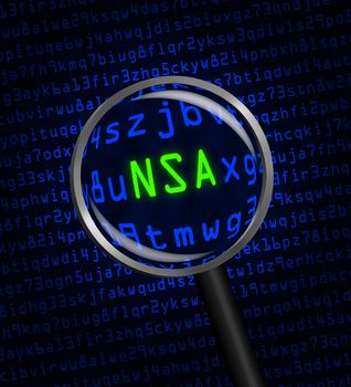 "NSA" in green letters revealed in blue computer machine code through a magnifying glass. Dark background. NSA stands for the National Security Agency.