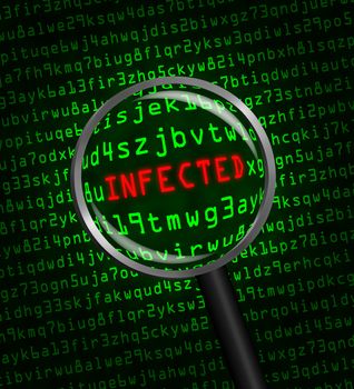 The word "INFECTED" in red revealed in green computer machine code through a magnifying glass 
