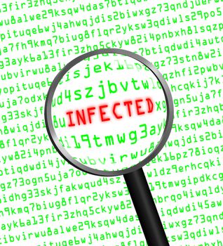 The word "INFECTED" in red revealed in green computer machine code through a magnifying glass, white background