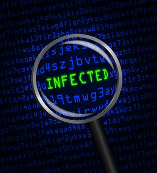 The word "INFECTED" in green revealed in blue computer machine code through a magnifying glass.